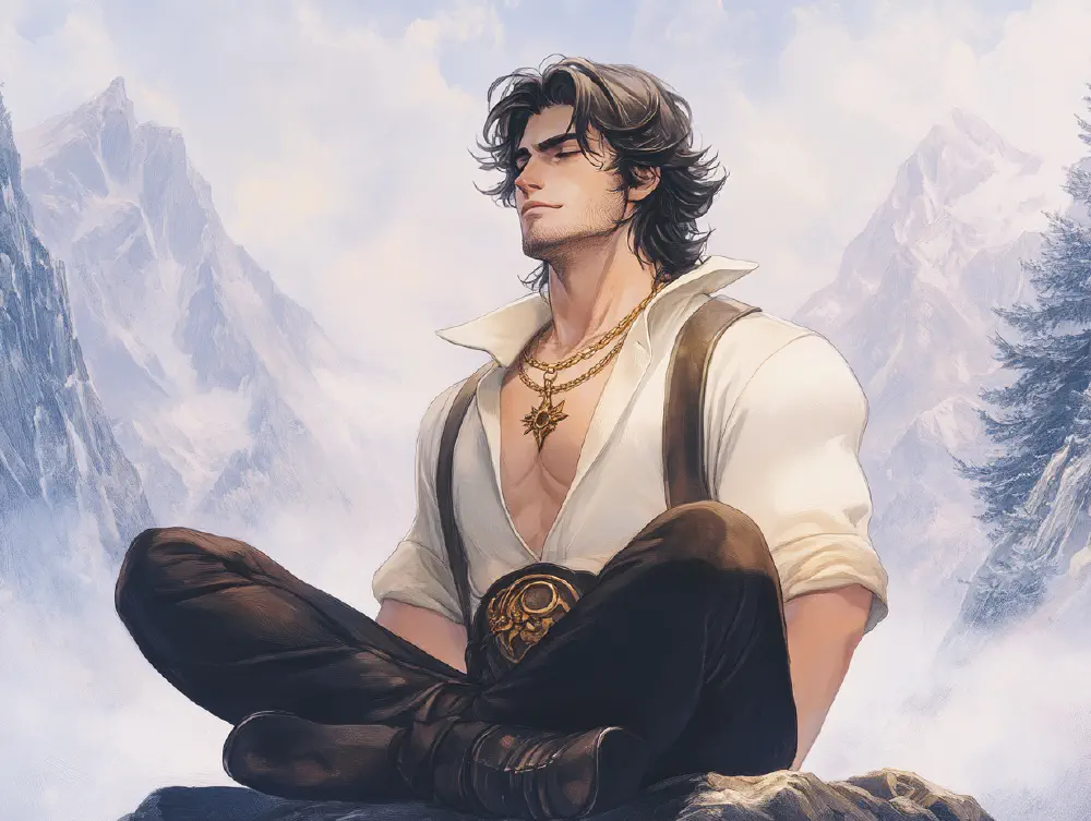 Attractive Taurean man meditating in the mountains